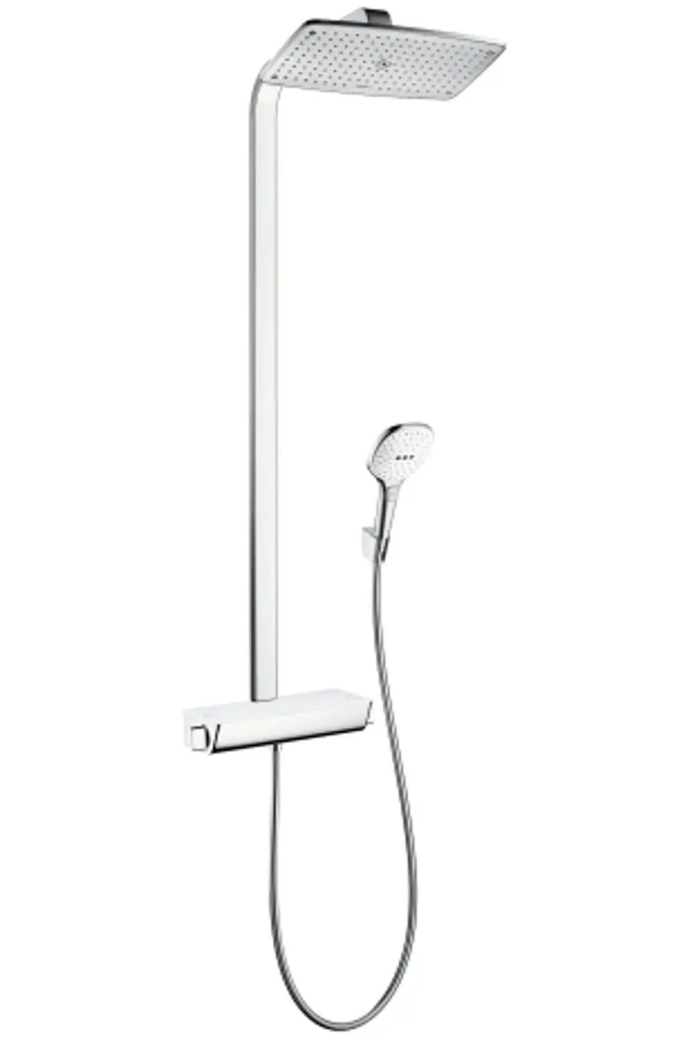 Hansgrohe Duschsystem mit gerader Kopfbrause, Handbrause und Thermostat, in Weiß und Chrom. An der Wand montiert, schlankes Design für Badezimmer.
